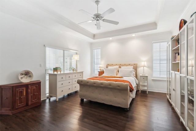 bedroom featuring dark wood-style floors, a tray ceiling, and multiple windows