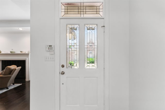 entryway featuring dark wood-style floors and a fireplace with raised hearth