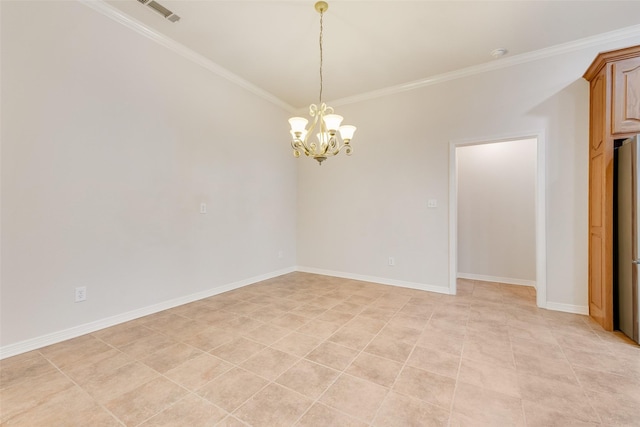 empty room featuring a chandelier, visible vents, crown molding, and baseboards