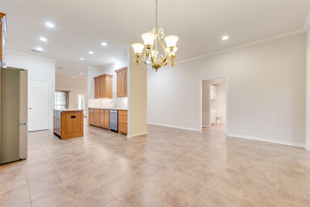 kitchen featuring a center island, light countertops, backsplash, appliances with stainless steel finishes, and open floor plan