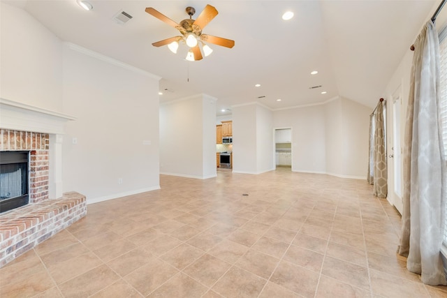 unfurnished living room with recessed lighting, visible vents, baseboards, ornamental molding, and a brick fireplace