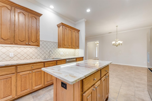 kitchen with decorative backsplash, dishwasher, light stone countertops, crown molding, and a sink