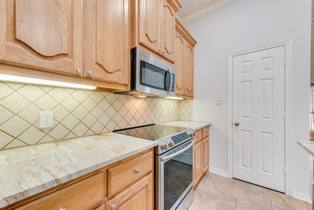 kitchen with light stone counters, crown molding, backsplash, light brown cabinetry, and appliances with stainless steel finishes