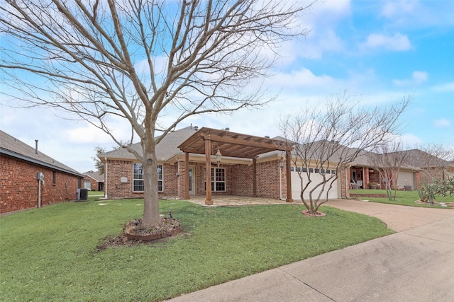 single story home with central air condition unit, a garage, brick siding, a pergola, and a front lawn