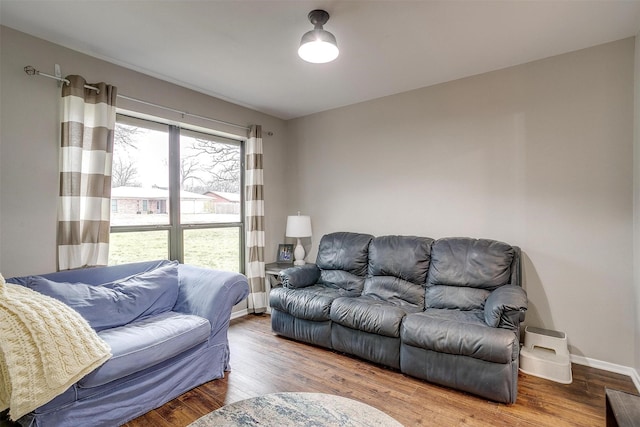 living room with baseboards and wood finished floors