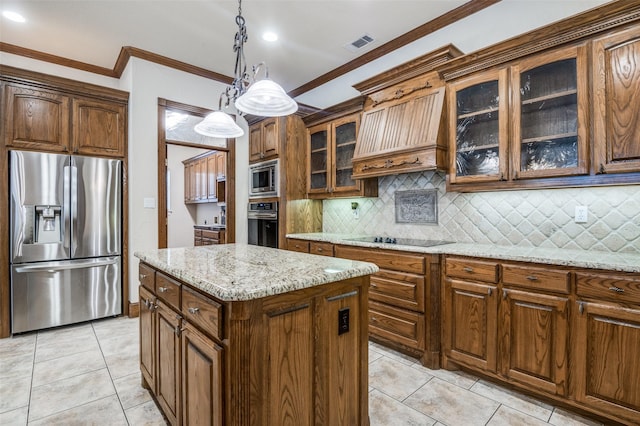 kitchen with visible vents, ornamental molding, appliances with stainless steel finishes, custom exhaust hood, and decorative backsplash