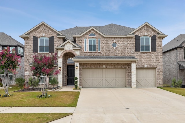 view of front of house with a garage, driveway, roof with shingles, a front lawn, and brick siding