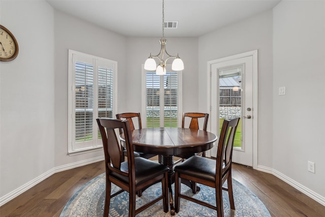 dining room featuring dark wood-style floors, baseboards, and visible vents