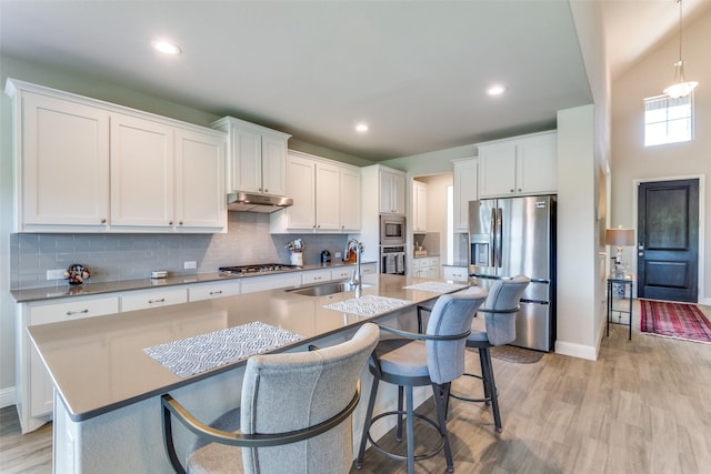 kitchen featuring light wood finished floors, an island with sink, stainless steel appliances, under cabinet range hood, and a sink