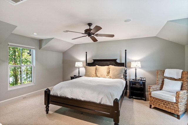 carpeted bedroom featuring baseboards, vaulted ceiling, a ceiling fan, and recessed lighting