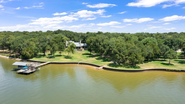 birds eye view of property with a water view and a view of trees