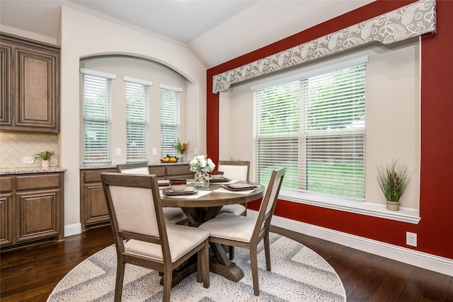 dining area with vaulted ceiling, a healthy amount of sunlight, and dark wood finished floors