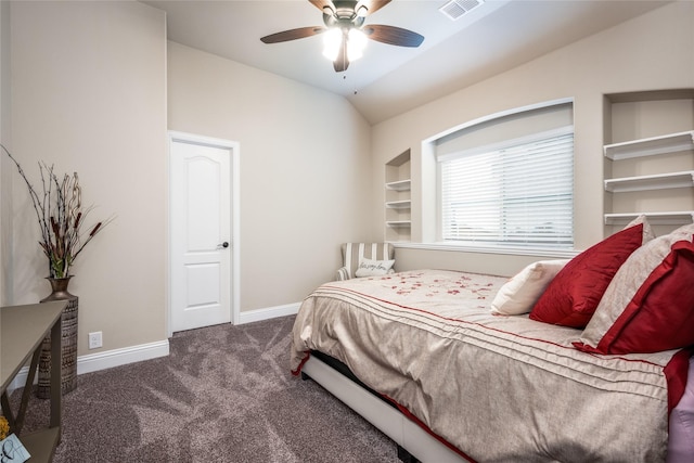 bedroom featuring baseboards, visible vents, lofted ceiling, ceiling fan, and carpet floors