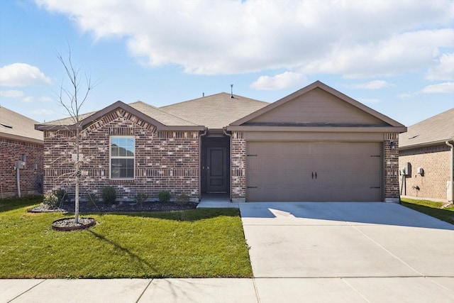 ranch-style house featuring a garage, a front yard, concrete driveway, and brick siding