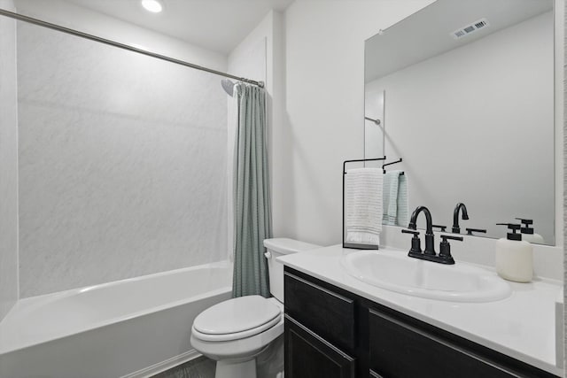 bathroom featuring toilet, shower / bath combination with curtain, vanity, and visible vents