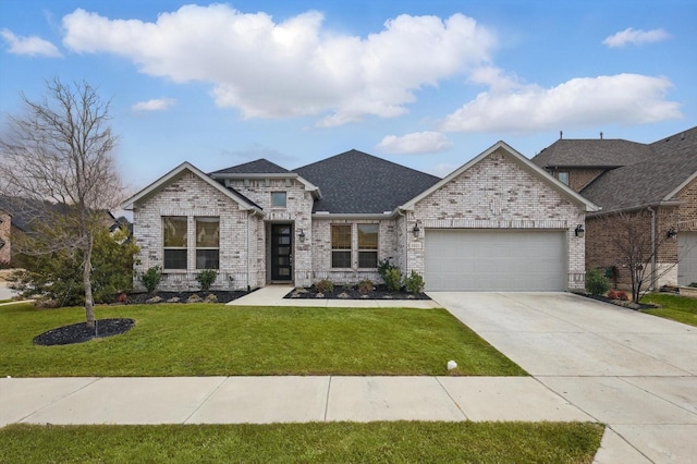 view of front of house featuring a garage, driveway, roof with shingles, a front lawn, and brick siding