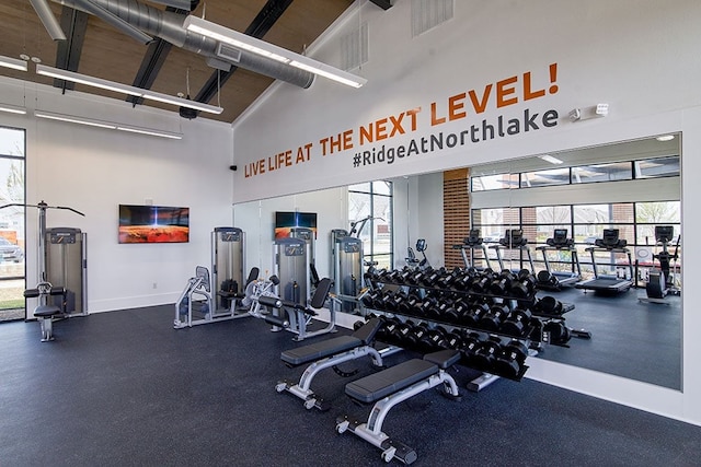 exercise room featuring a high ceiling and baseboards