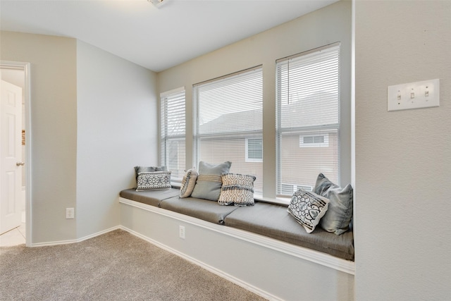 sitting room with baseboards and carpet flooring