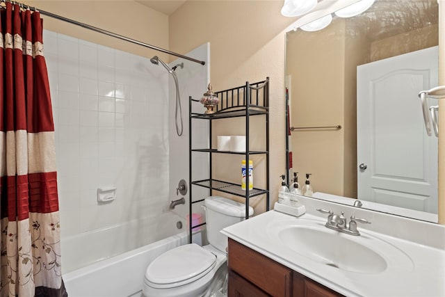 bathroom featuring a textured wall, vanity, toilet, and shower / bath combo with shower curtain