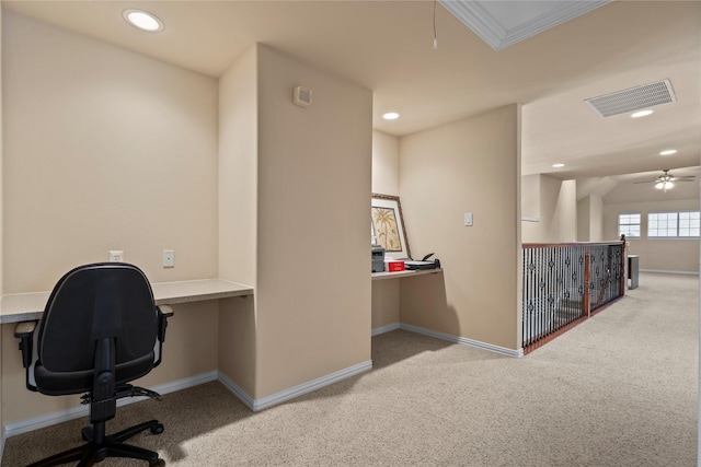 unfurnished office with carpet, visible vents, baseboards, and recessed lighting