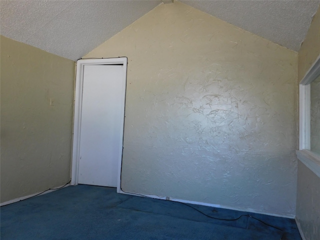 empty room with lofted ceiling, carpet flooring, a textured wall, and a textured ceiling