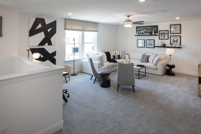 living area with ceiling fan, carpet floors, recessed lighting, and baseboards