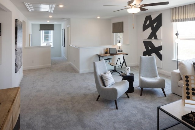 sitting room featuring a ceiling fan, baseboards, carpet flooring, and recessed lighting