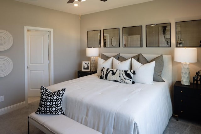 bedroom featuring carpet floors, ceiling fan, and baseboards