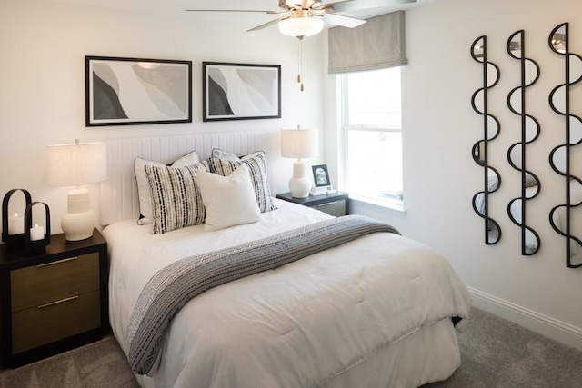 bedroom with carpet, a ceiling fan, and baseboards