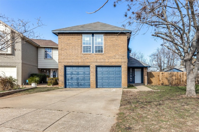 view of front facade featuring a garage, brick siding, fence, concrete driveway, and roof with shingles