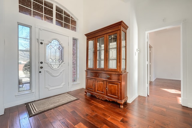 foyer featuring dark wood-style flooring, baseboards, and a high ceiling