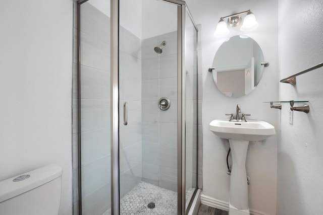 bathroom with a stall shower, a sink, and toilet