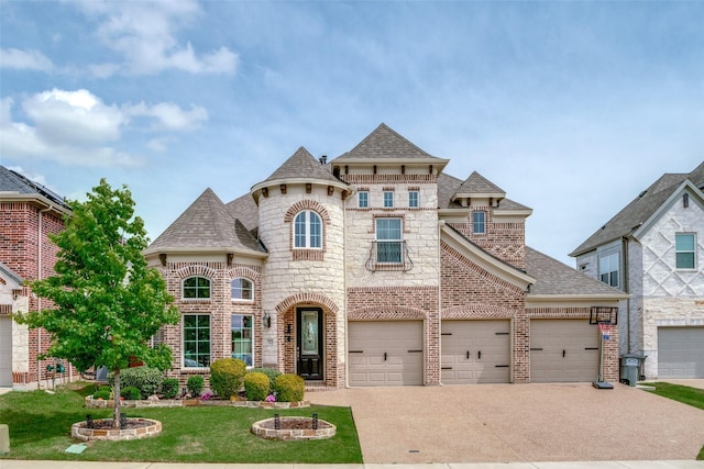 513 Yarrow St, Little Elm, TX 75068 - french country home featuring a shingled roof, brick siding, driveway, a front yard, and stone siding