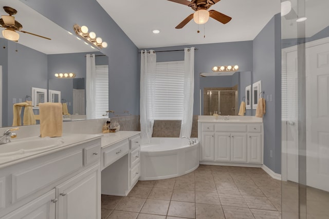 bathroom featuring a shower stall, a bath, a sink, and a ceiling fan