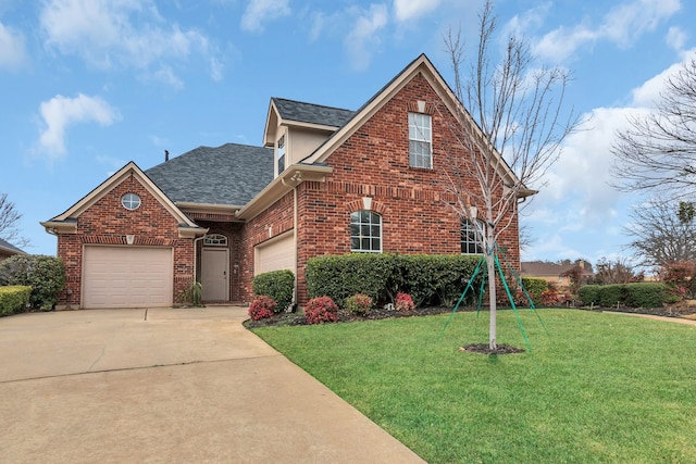 traditional-style house featuring a garage, brick siding, concrete driveway, roof with shingles, and a front yard