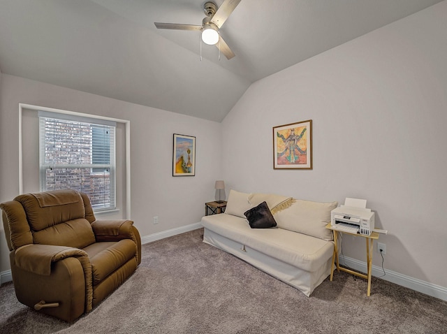 carpeted living area featuring lofted ceiling, a ceiling fan, and baseboards