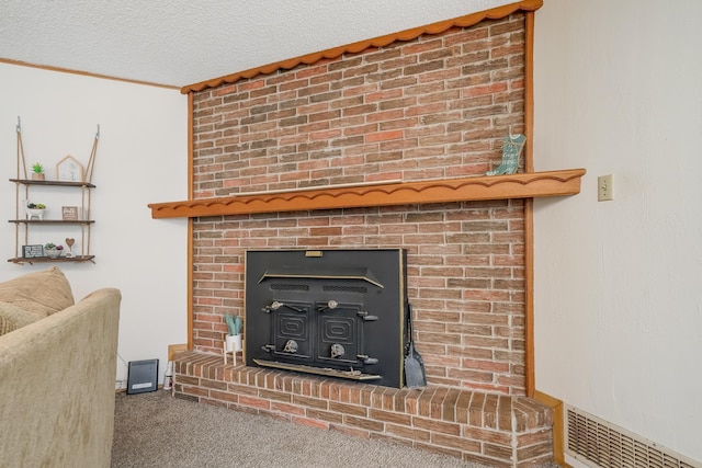 room details with a textured ceiling, carpet floors, and visible vents