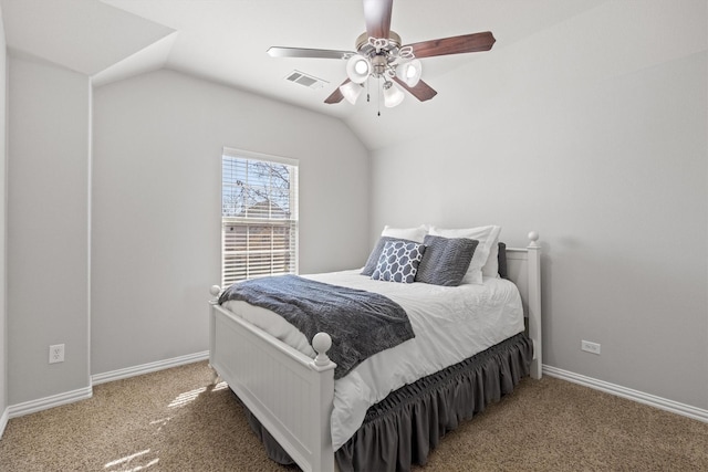 carpeted bedroom featuring vaulted ceiling, a ceiling fan, visible vents, and baseboards