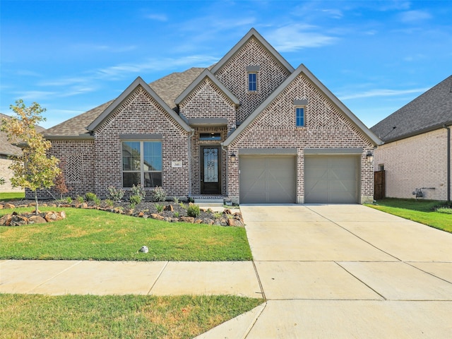 view of front of house featuring driveway, brick siding, a front lawn, and an attached garage