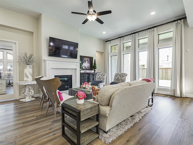 living area with a glass covered fireplace, recessed lighting, and wood finished floors