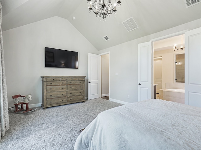 carpeted bedroom featuring a chandelier, lofted ceiling, visible vents, and baseboards