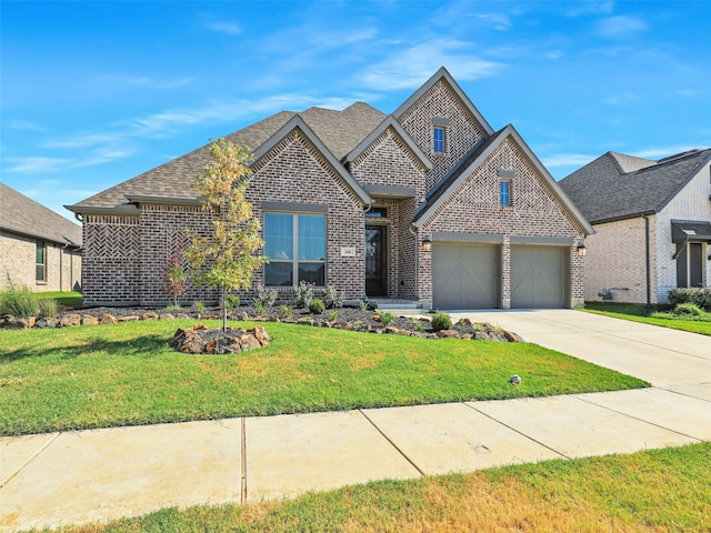 view of front facade featuring concrete driveway, brick siding, roof with shingles, and a front yard