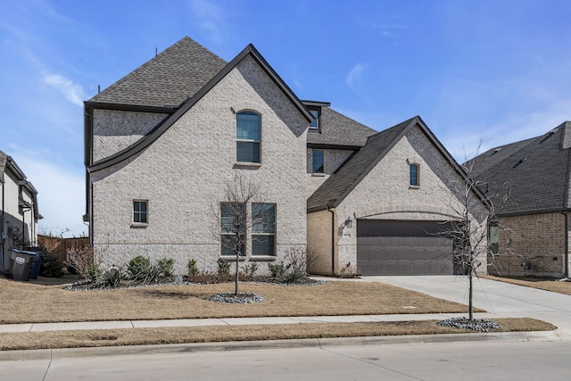 french country home with a garage, roof with shingles, and driveway