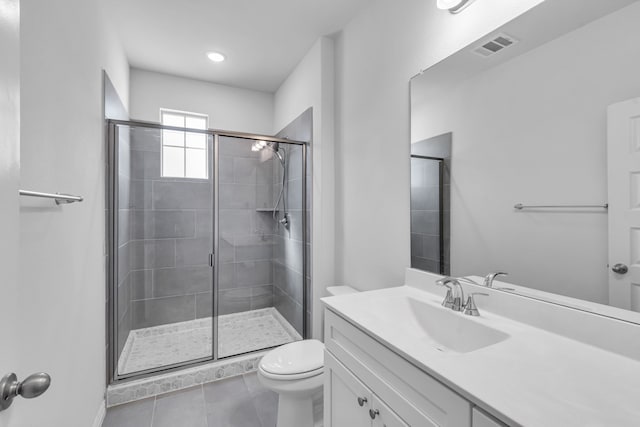 bathroom featuring toilet, a stall shower, visible vents, and tile patterned floors