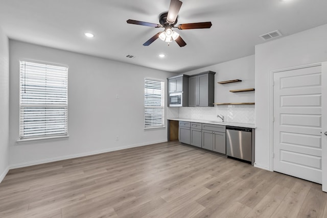 kitchen with open shelves, gray cabinets, visible vents, a sink, and dishwasher