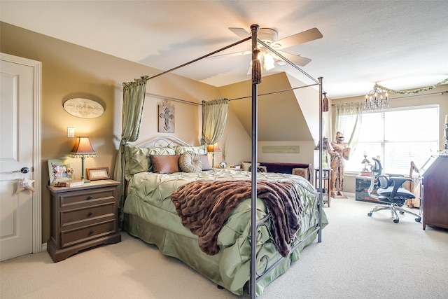 bedroom featuring light colored carpet and ceiling fan