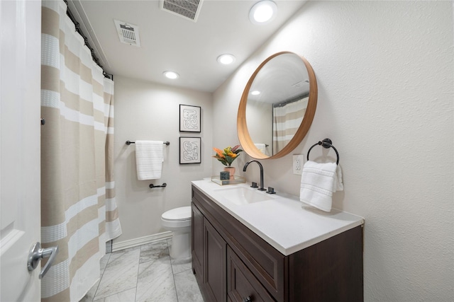 full bathroom featuring toilet, marble finish floor, visible vents, and vanity