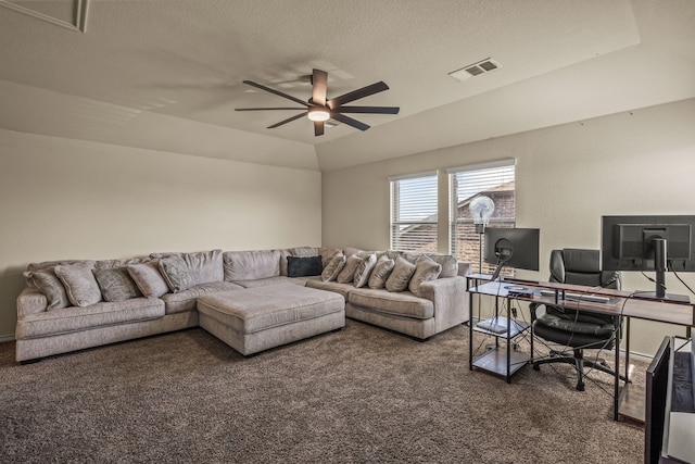 4137 Agatha Ln, Celina, TX 76227 - living area with carpet floors, a ceiling fan, an office area, and vaulted ceiling
