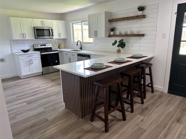 6305 Pine St, Rowlett, TX 75089 - kitchen featuring stainless steel appliances, a sink, a peninsula, light countertops, and decorative backsplash