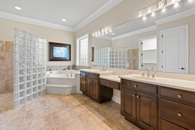bathroom with a garden tub, a walk in shower, ornamental molding, vanity, and tile patterned floors